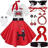 10Pcs Sock Hop Outfits Women, 1950s Poodle Skirts, Poodle T-Shirt with 50s Accessories Socks Scarf Headband Belt Earring