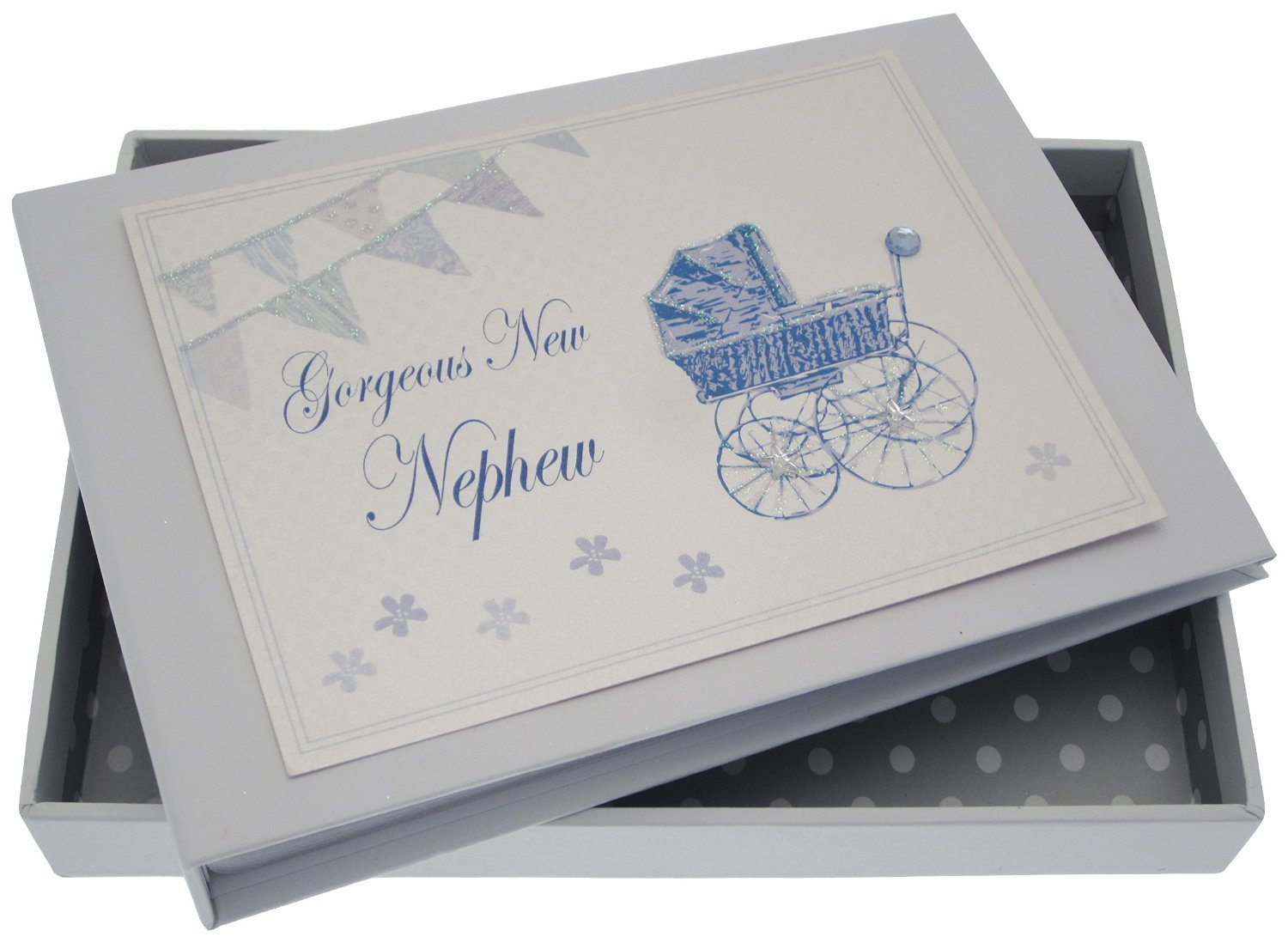 White Cotton Cards New Nephew Tiny Album (Blue Pram and Bunting)
