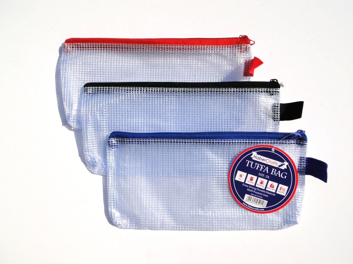 DL Tuff Bag Zip Wallet Clear Plastic Wallets Zipped Pouch File Pencil Case Folder Water Resistant Reinforced Heavy Duty Mesh Bags (DL - 12 Pack)