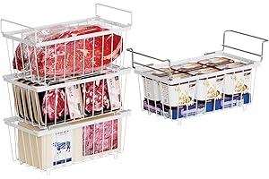 iSPECLE 4 Pack Freezer Organizer Bins - Fit 7 Cu.Ft Freezer, 3 Pack Stackable Deep Freezer Organizer & 1 Pack Hanging Chest Freezer Organizer with Handle for Easy Slide to Get Bottom Food, White