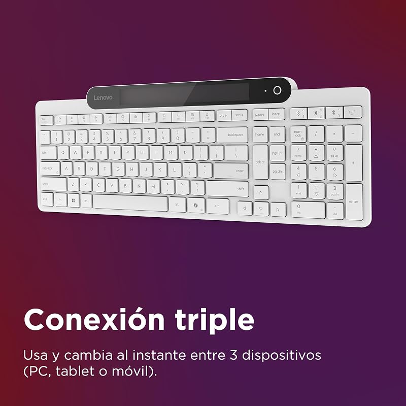 Teclado Bluetooth 800 com carregamento automático, recarga com luz ambiente, ligação para até 3 dispositivos, teclas silenciosas e plástico reciclado – branco