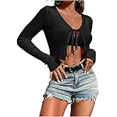 SOLY HUX Women's Tie Front Cardigan Ribbed Knit Long Sleeve Crop Tops V Neck Shirts Knitwear