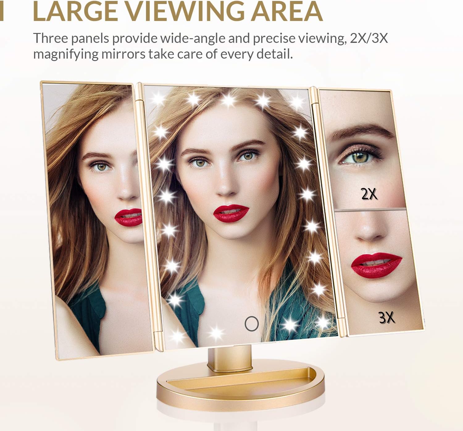 EASEHOLD Makeup Mirror with Lights 21 LEDs Lighted Vanity Mirror 2X 3X Magnifying 180 Degree Adjustable Desk Mirror with Touch Screen Dual Power Supply Countertop Trifold Cosmetic Mirror -