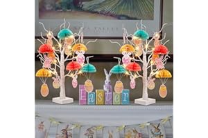 PEIDUO Easter Tree with Rabbit Ornament, Tree Lamp for Easter Decoration, 24" Lighted Tabletop Tree with Hanging Honeycomb Rabbit, Birch Tree for Home Decor, USB and Battery Powered,6H/18H Timer (2PK)