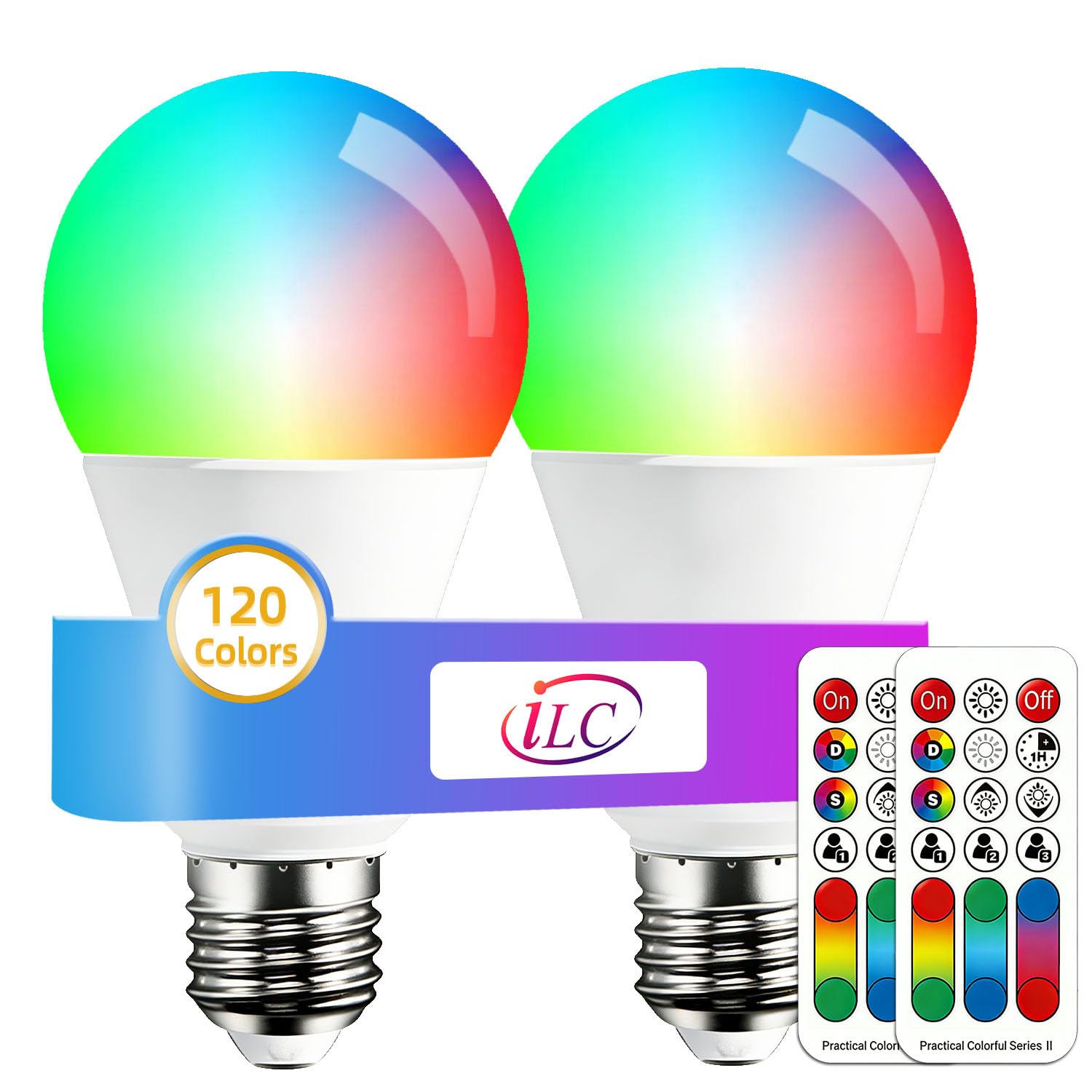 iLC LED Light Bulbs Colour Changing 10W E27 Edison Screw RGBW Lights, RGB Warm Coloured - 120 Color Choices - 60 Watt Equivalent Remote Controller Included (2 Pack)