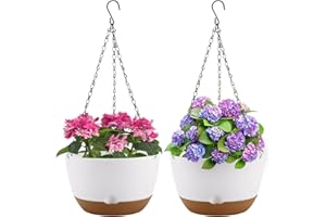 Dovesail 10 Inch Hanging Planter, 2 Pack Hanging Plastic Plant Self Watering Pot with Drainage Holes and Saucers, Hanging Baskets Flower Pots for Indoor Outdoor Garden Plants and Flowers-White