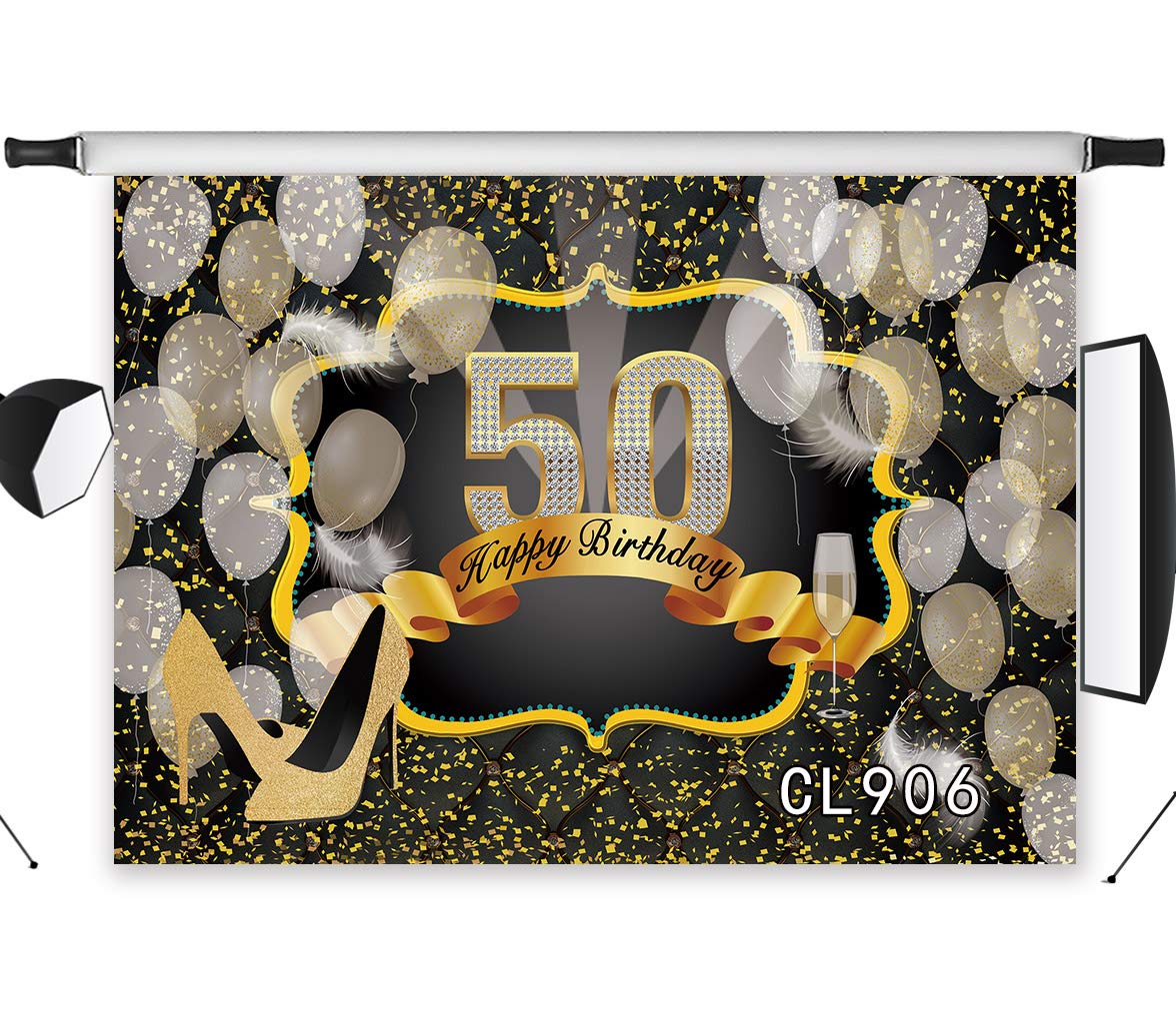 直送商品 B07m7d2g 洗濯可能 背景 写真ブース ポートレート 写真撮影 パーティー 大人用 背景 ゴールドとブラック ファブリックリボン 7x5フィート 背景 Birthday 50th Happy Lb バックペーパー背景布 Www Eps Com Do