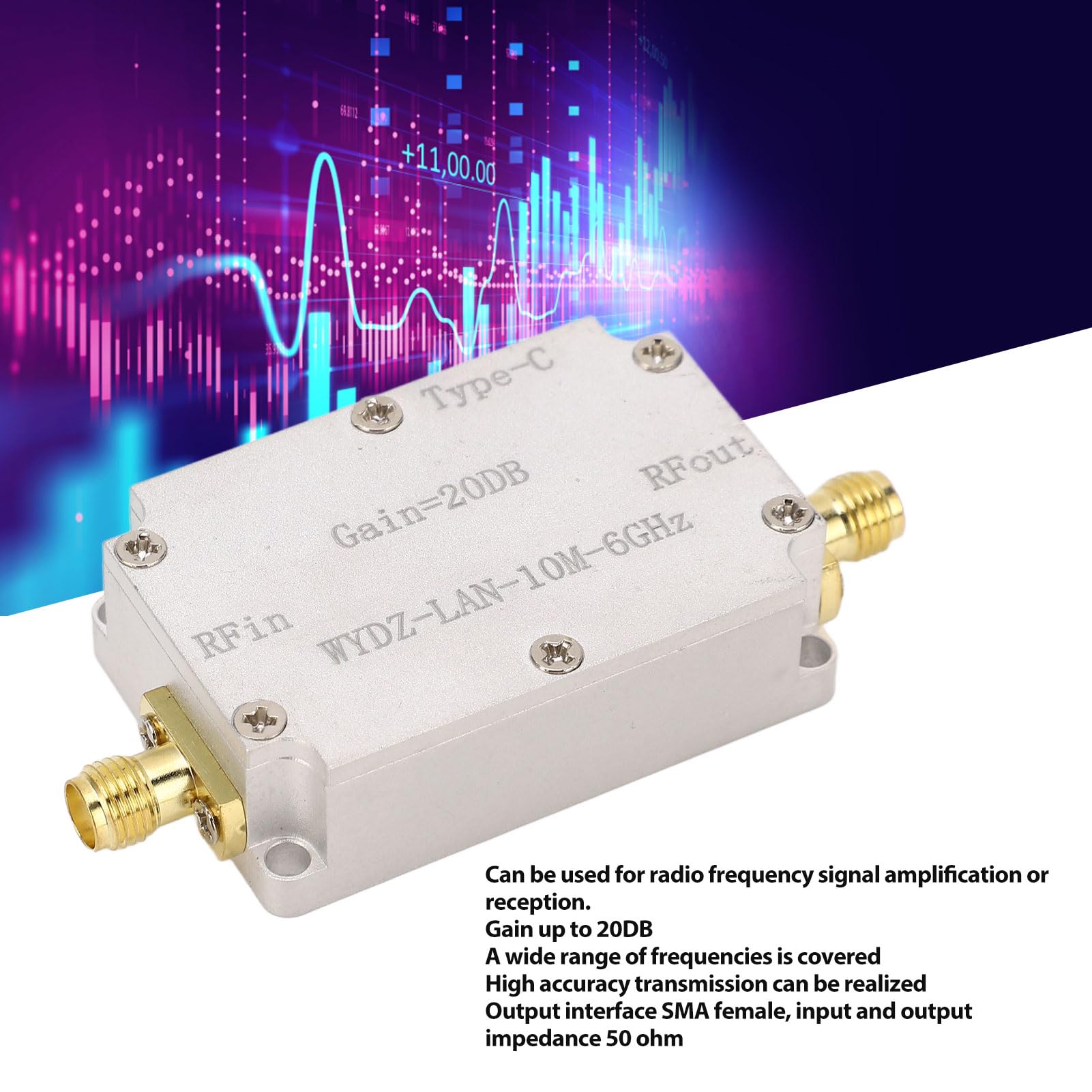 Professional Low Noise Amplifier LNA 10M-6GHz 20dB Gain High Flatness RF Amplifier for FM Radio GPS Signal Booster with SMA Connector DC5V Powered