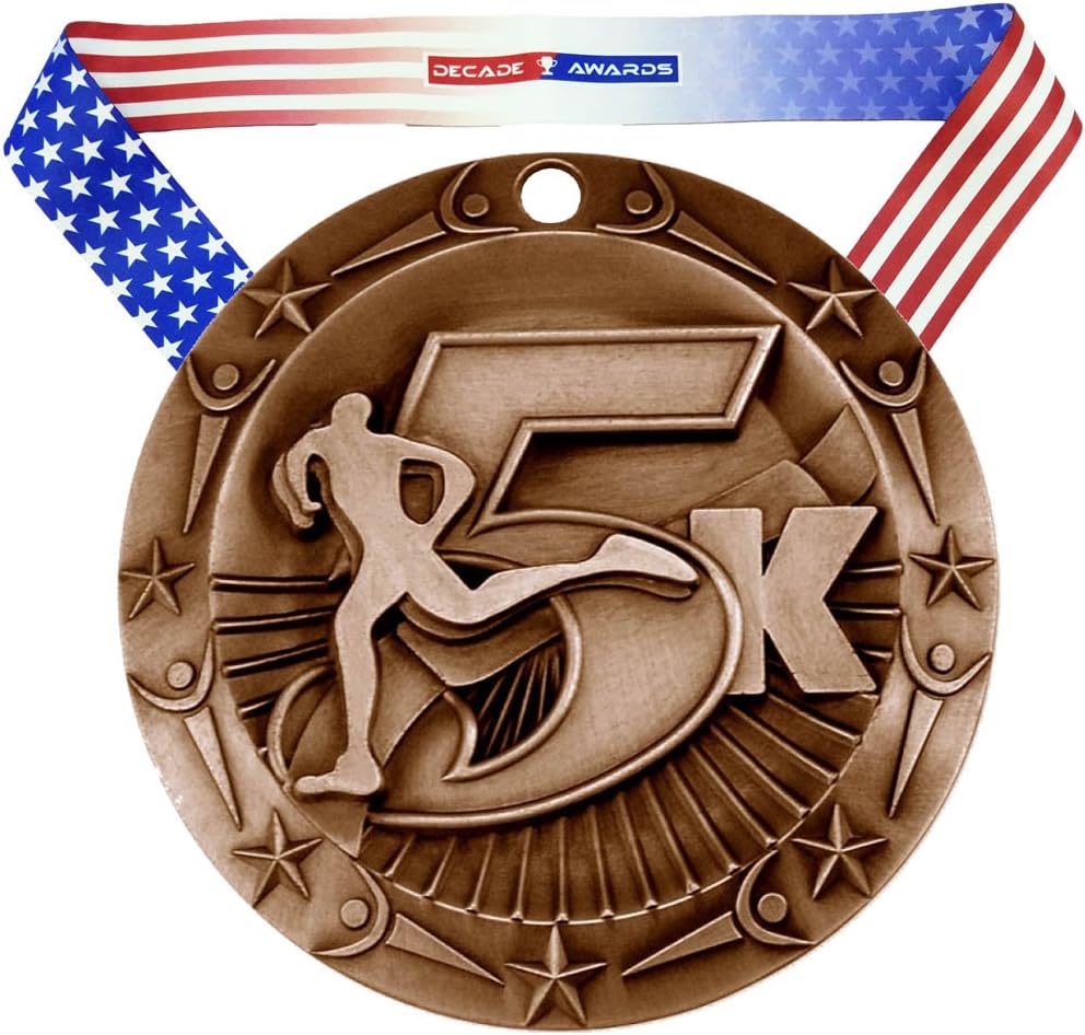 Decade Awards 5K World Class Engraved Medal - 3 Inch Wide 5000 Meter Medallion with Stars and Stripes American Flag V Neck Ribbon - Customize Now