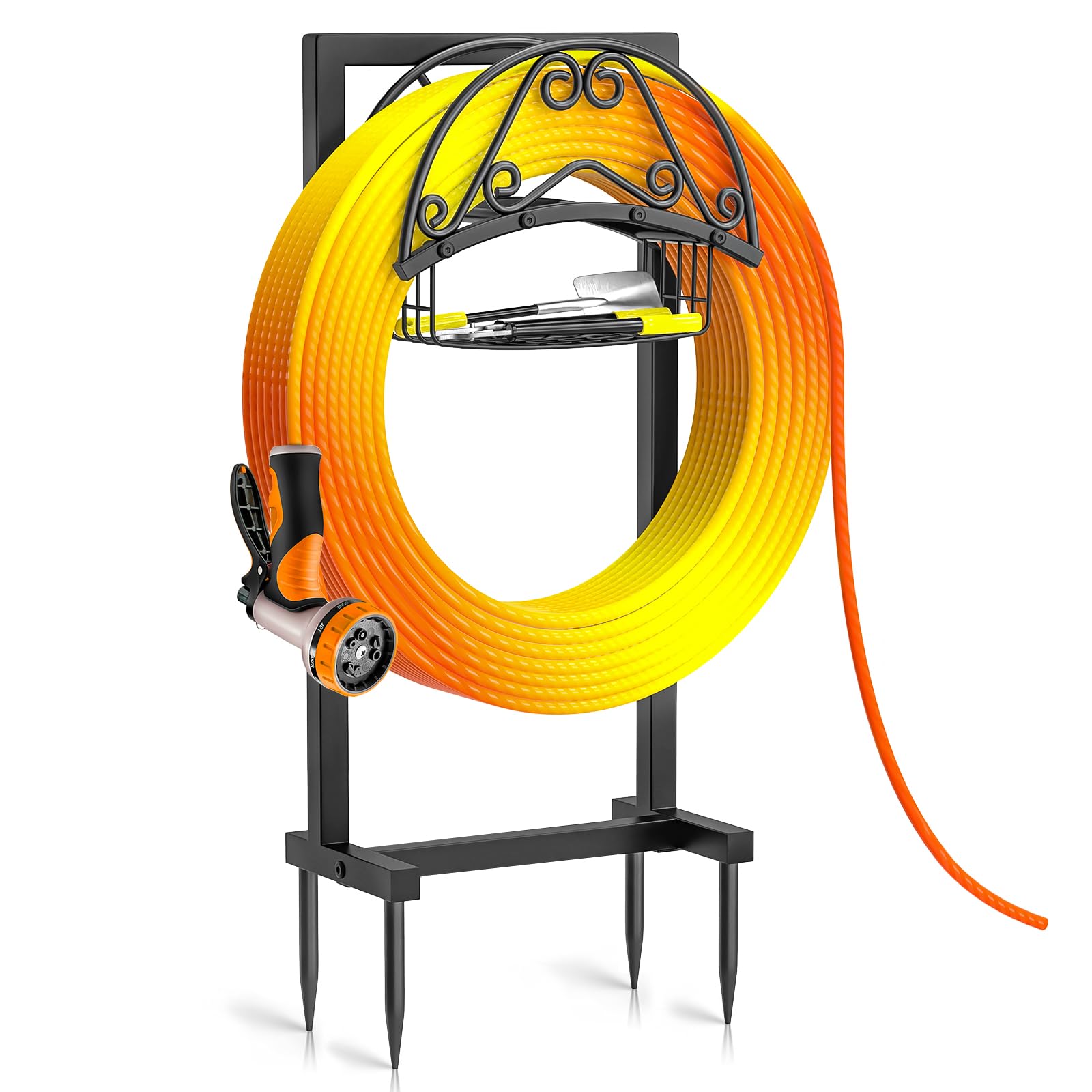 Photo 1 of DAYSUP Garden Hose Holder, 4 Spikes Freestanding Water Hose Holder Reels, Heavy Duty Detachable Hose Stand with Storage Basket for Outside Yard Lawn (B-4 Spikes)