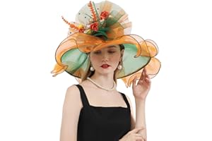 TLMNU Women Derby Church Hat Organza Flower Wedding Tea Party Fascinator Hat Wide Brim Sun Hat