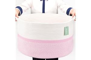 BOSROTY Extra Large Cotton Rope Basket For Girls Kids 87L, Nursery Hamper, Large Laundry Basket , Nursery Bin, Laundry Hamper Organizer for Storage Toys Blankets Clothes, 22”x 14”, Blend White & Pink