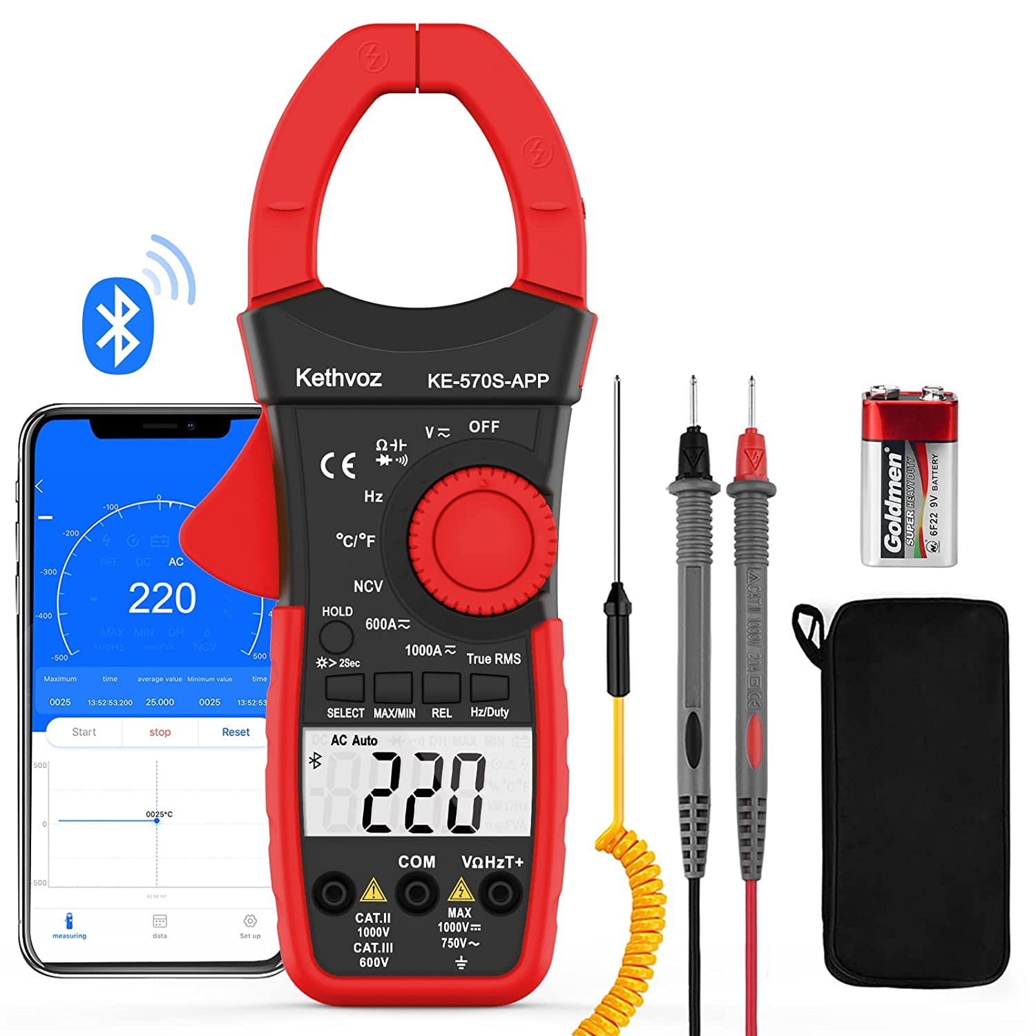 Clamp Meter Bluetooth Multimeter, Kethvoz AC DC Amp Clamp 1000A Ammeter w/Data Logger Measure Current Voltage Ohm Farad Hz Temperature, 6000 Count Clip on Electrical Tester KE-570SAPP