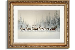 VIYYIEA Vintage Christmas Wall Art Decor Framed Framed Festival Reindeer Pulling Sleigh Painting Pictures for Bedroom, Winter Snow Forests Christmas Decoration for Home Aesthetic,11x14 Inch Reindeers