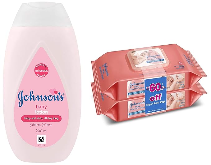 Johnsons Baby Lotion 200ml & Baby Wipes, Pack of 2 (160 Wet Wipes) Combo