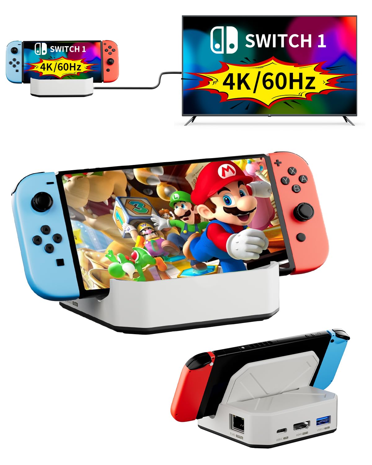 Portable Switch 1 TV Dock Docking Station for Nintendo Switch 1, with 1000Mbps RJ45/4K&60HZ HDTV/USB 3.0/100W Charge PD Port, Silver