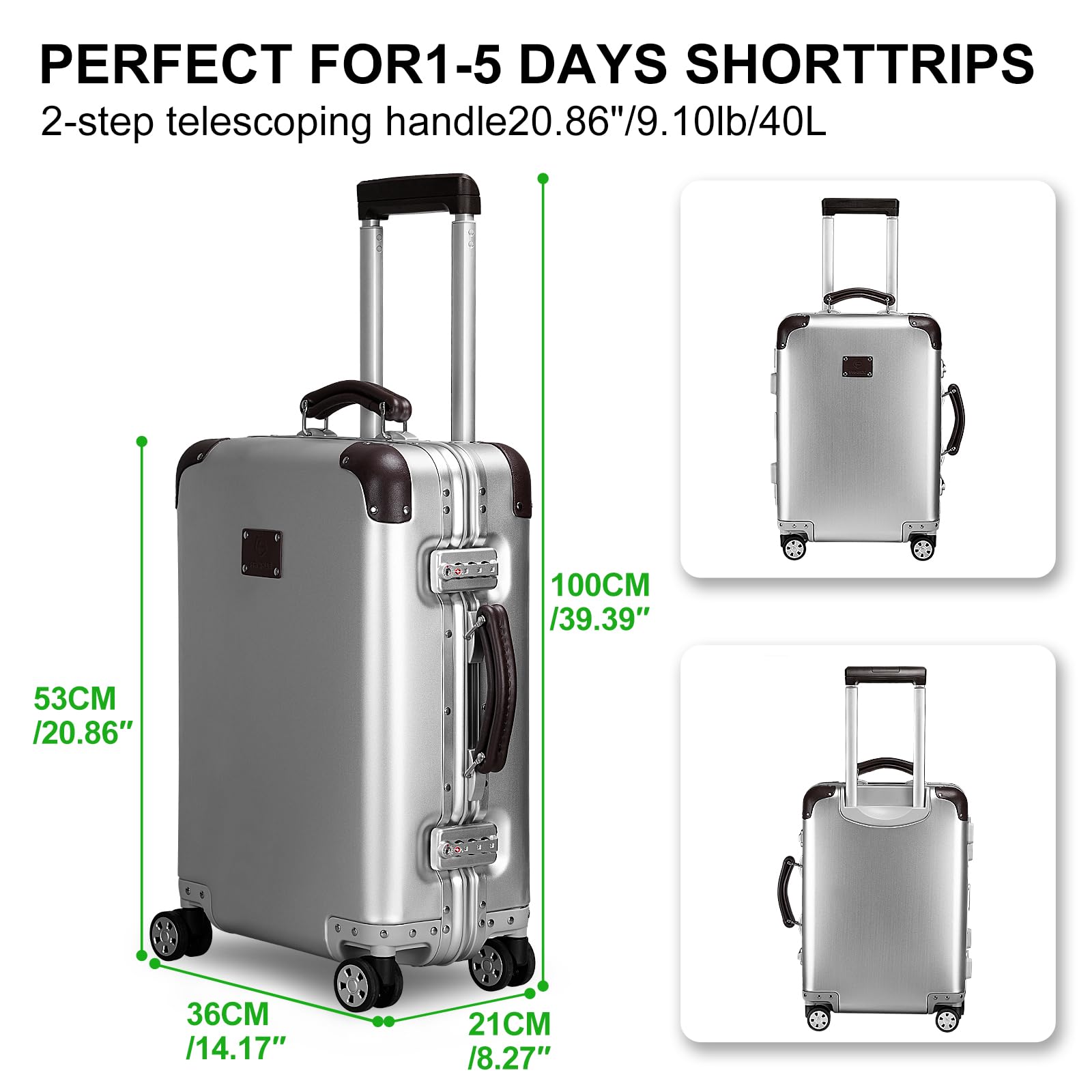 FANAUE 20 Inch All Aluminum Magnesium Carry On Luggage - Zipperless with TSA Lock and Spinner Wheels, Silver