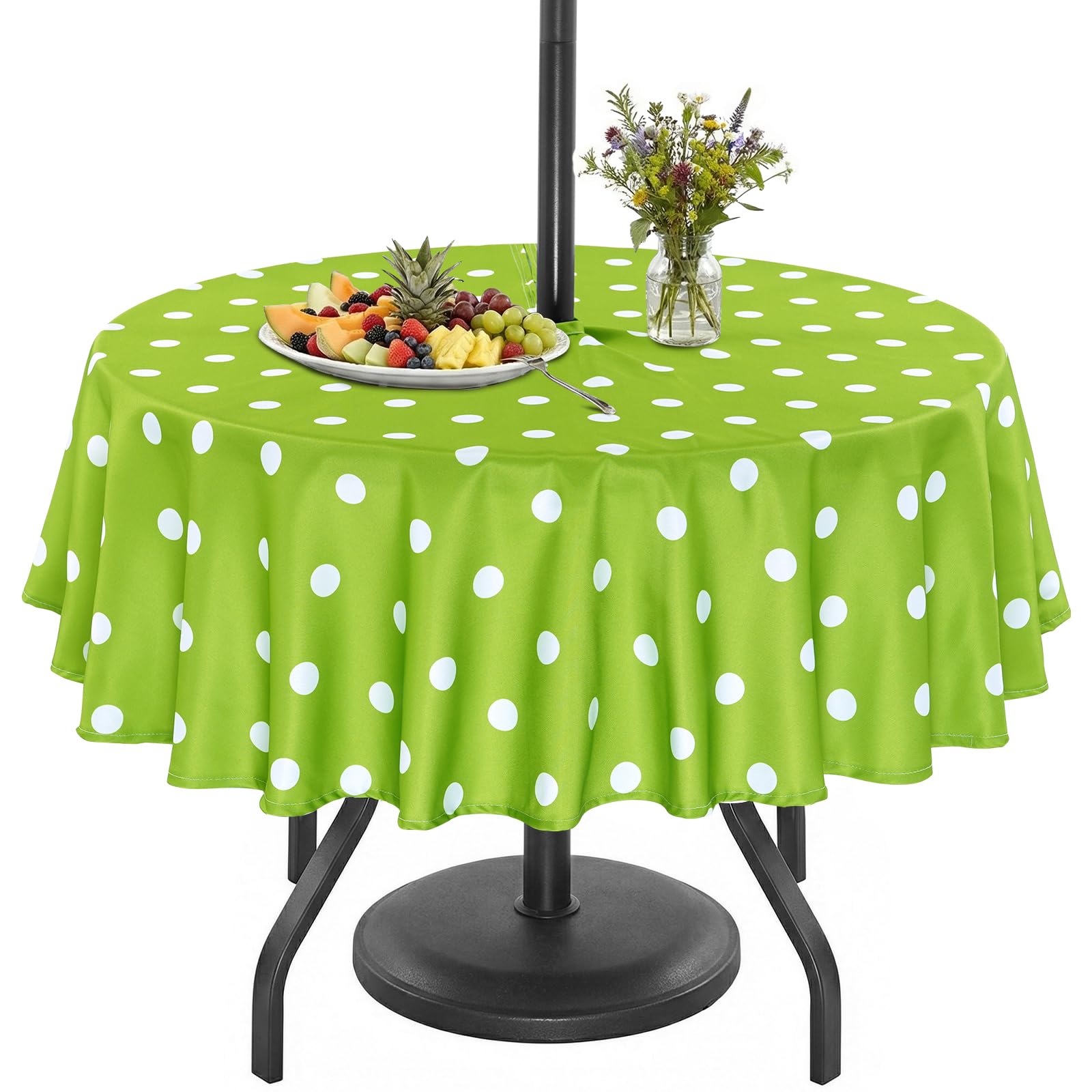 Eternal Beauty 152cm Round Green Wave Indoor Outdoor Splashproof Tablecloth with Umbrella Hole and Zipper for Patio Garden Party and BBQ（60"）