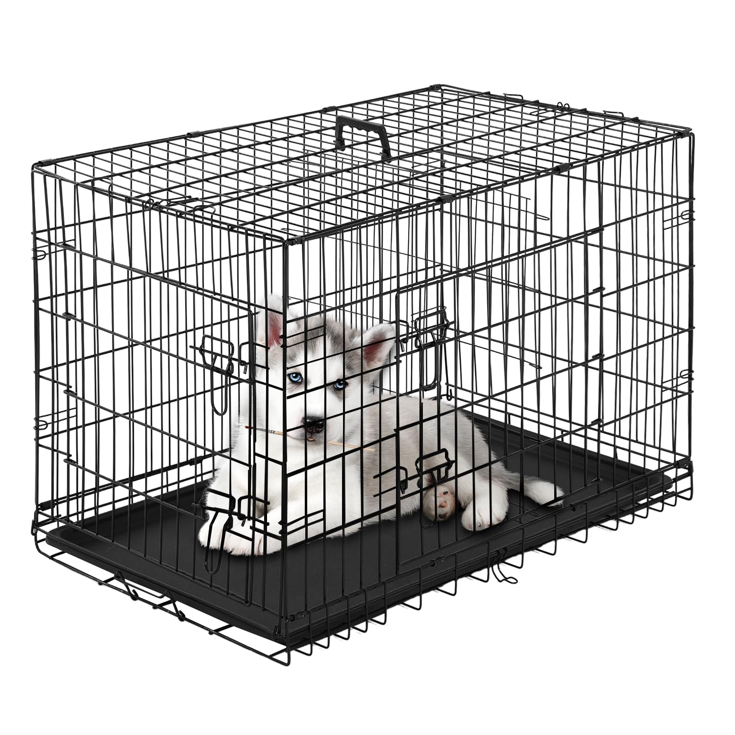 Photo 1 of PayLessHere Small Dog Crate Kennel 24 inches Metal Dog Cage Double-Door Folding Travel Indoor Outdoor Puppy Playpen with Divider and Handle Plastic Tray,Black