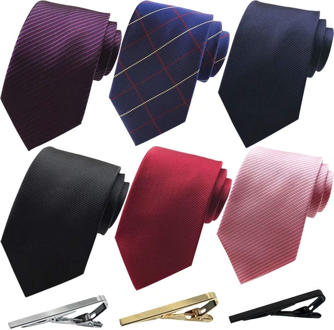 Jeatonge Lot 6 Pcs Mens Ties and 3 Free Tie Clips, Men's Classic Tie Necktie Woven Jacquard Neck Ties Gift box packing (Style 3)