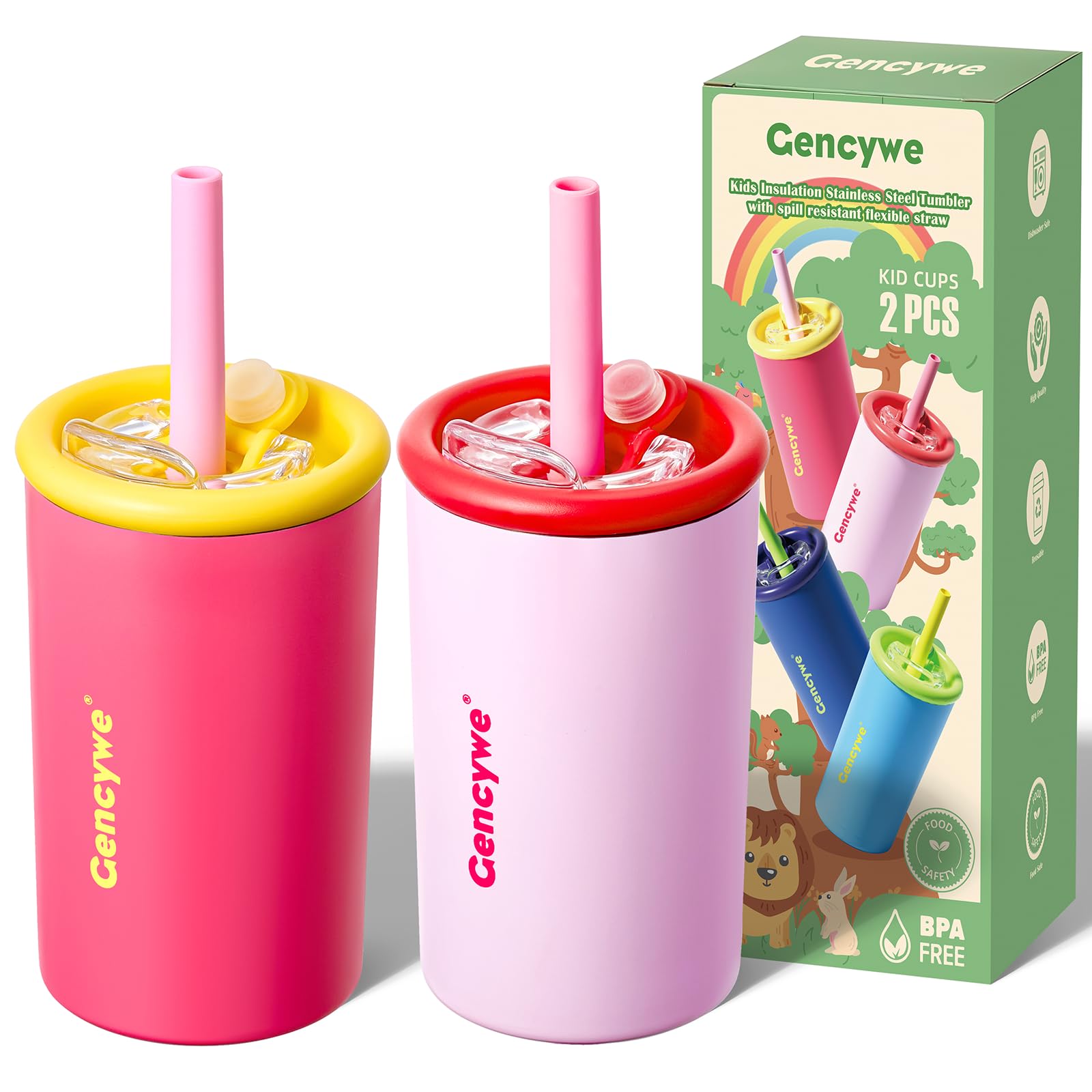 Photo 1 of ***MISSING STRAWS*** Gencywe Kids Stainless Steel Cups with Straws and lids | 12 oz Spill-Proof Sippy Smoothie Tumbler Set, Small Kids Snack & Drink Water Cups, BPA-Free, Dishwasher Safe, with Box (Age: 3+ years old & up)
