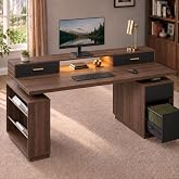 63" Mid-Century Office Executive Standing Desk w/ 4 Drawers, 1.18" Desktop | Computer Desk with Storage for Home Office w/ Power Outlets, Monitor Stand w/ LED Light, One-Piece 1.18" Desktop，Black Walnut