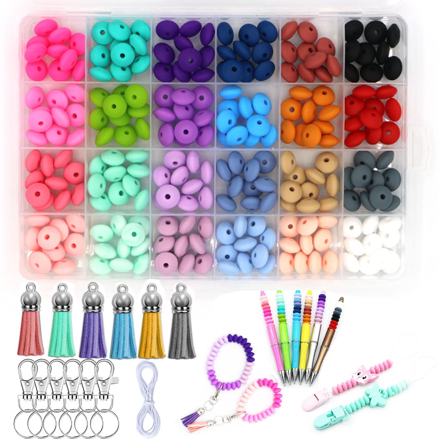 Photo 1 of 252Pcs Silicone Lentil Beads Kit,12mm Silicone Abacus Beads, Silicon Lentil Beads Bulk with 6 pcs Tassels Keychain Lanyard for Bracelet Keychain Making for Pen