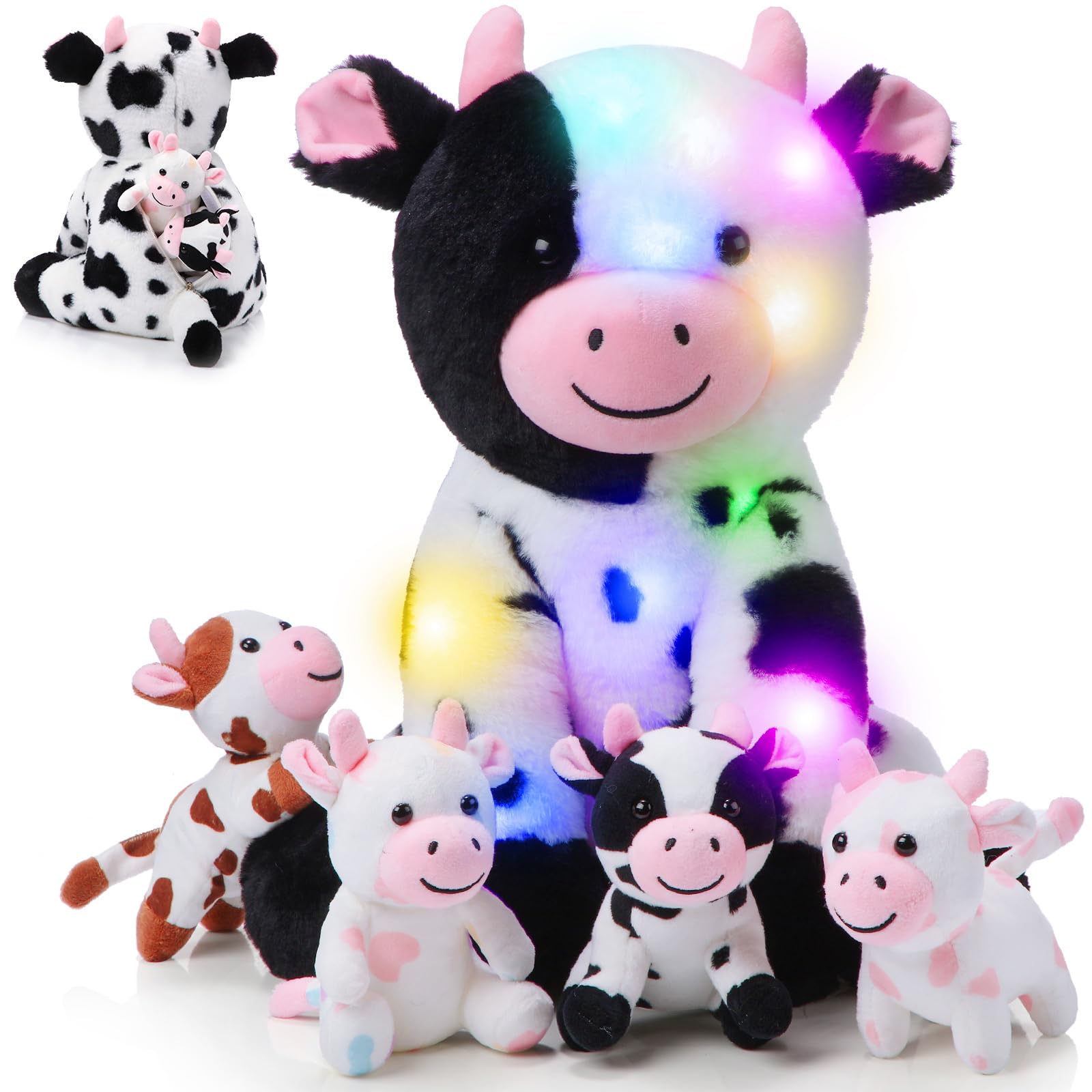 Photo 1 of Sumind 5 Pcs Cow Plush Animals Set 13.78 Inch Mommy Cow Stuffed Animal with 4 Baby Cute Calf in Her Tummy Mommy and Small Plush for Baby Shower Boys Girls(LED)