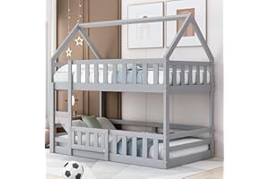 Harper & Bright Designs Twin Over Twin House Bunk Bed Frame for Boys Girls Kids Adults Toddler with Fence and Door, Gray