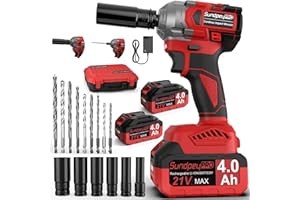 SundpeyPRO Cordless Impact Wrench 600Ft-lbs - 800N·m Brushless Impact Gun 1/2inch - 2-in-1 3200RPM Power Impact Wrench with 2pcs 4.0Ah Battery & 9 Drill Bits & 6 Socket Sets & Charger & Carrying Case