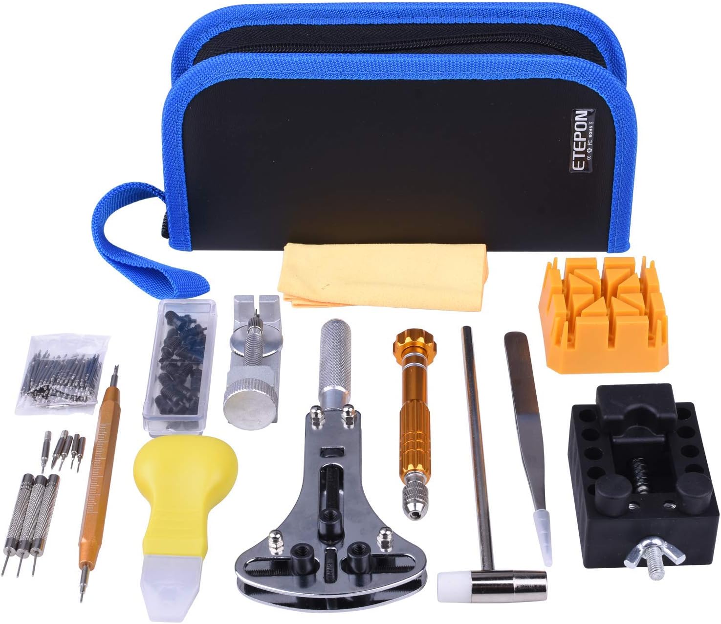 ETEPON Professional Watch Repair Kit Tool Watchmaker Case Back Opener Watch Band Buckle Remove with Scaled Spring Bar Pin Tweezers Screwdriver Case Band Holder Removal ET019