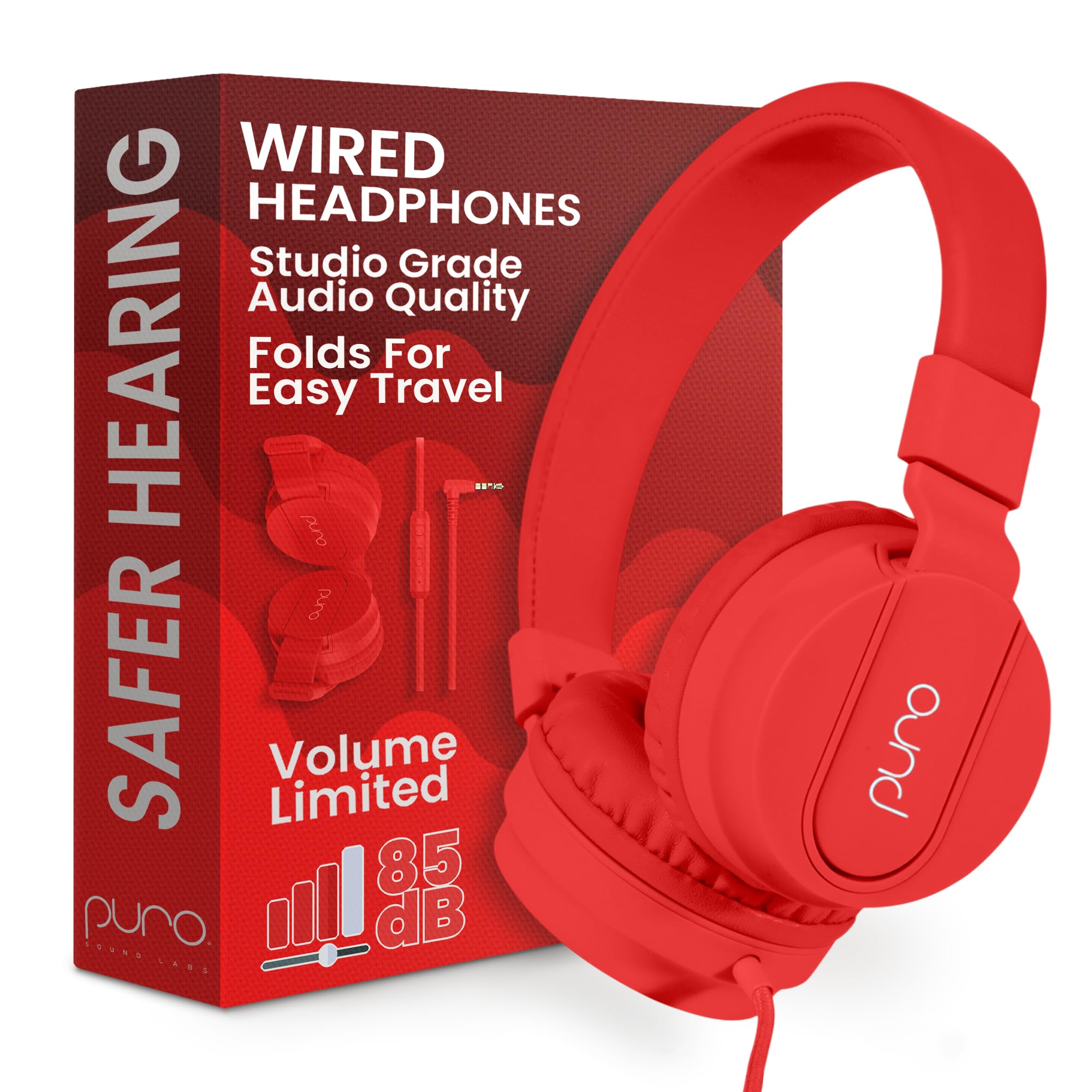 Puro Sound Labs PuroBasic Volume Limiting Wired Headphones for Kids, Foldable & Adjustable Headband w/Microphone, Compatible with Smartphones, Tablets and PC’s (Red) — image 1
