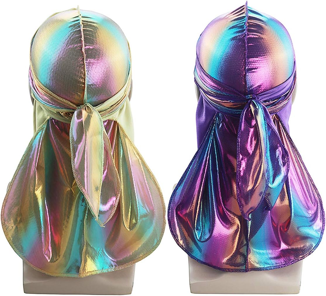 Vimoisa Women 2Pcs Hologram Long Tail Turban Chemo Headwraps Bandanna Bike Pirate Caps