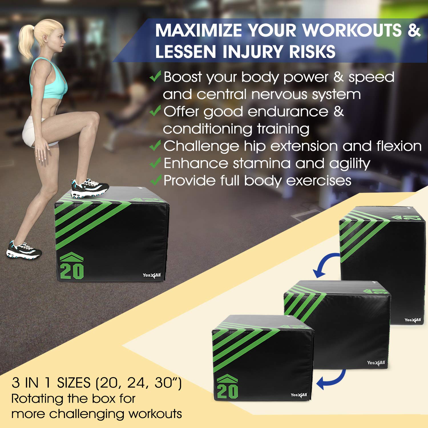 Yes4All 3 in 1 Foam Plyometric Jump Box for Training & Conditioning - Plyo Jump Box for Fitness Workout Exercise