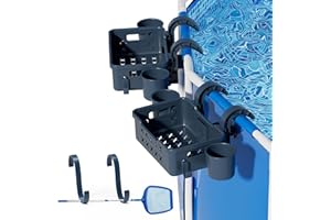 Pskfvre 【2024 Upgrade Thickened】 2 Sets of Poolside Storage Basket, Above Ground Pool Accessories, Swimming Pool Hanging Storage Basket with Cup Holder for Drinks, Fits 3 Inch or Less Top Rail (Grey)