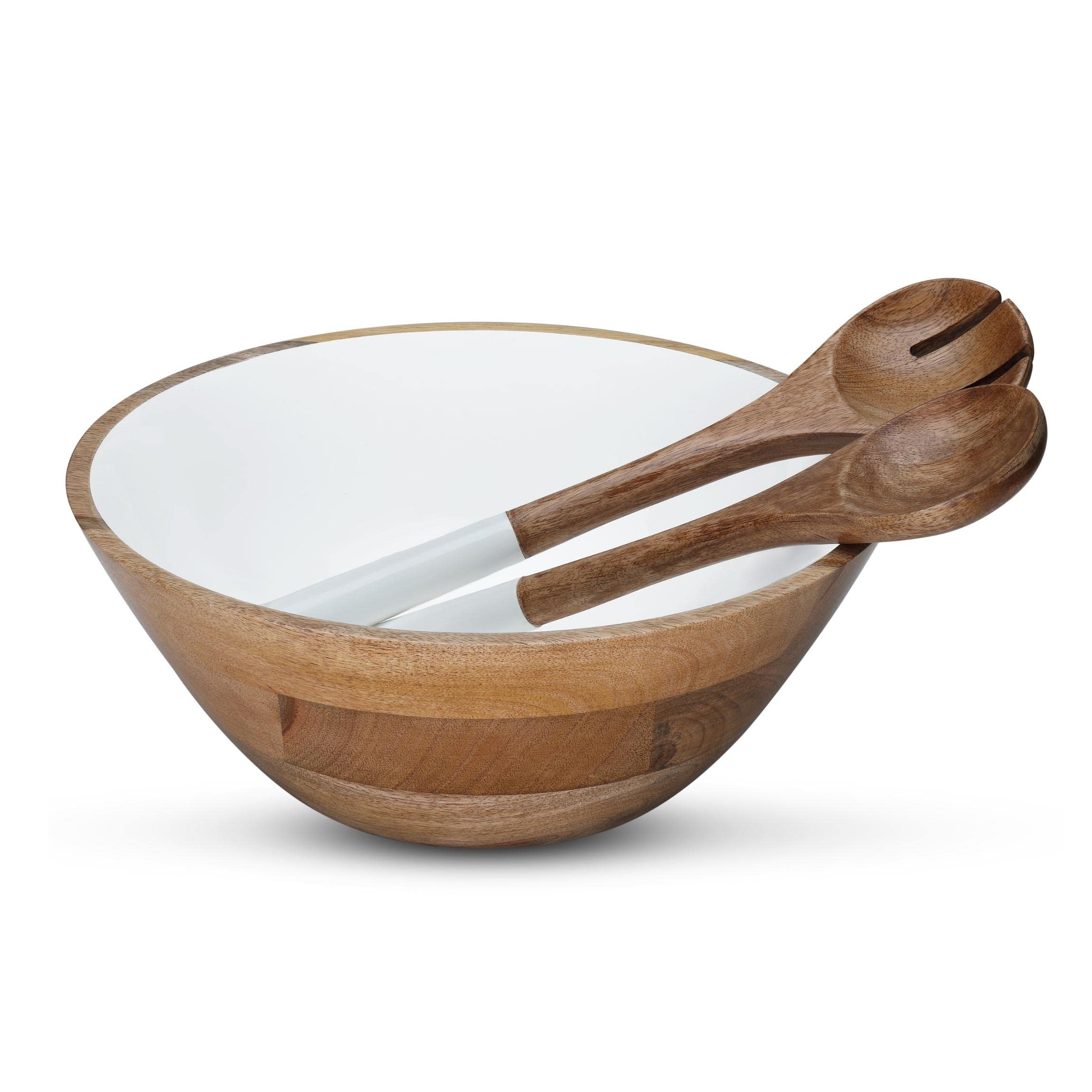 Photo 1 of Folkulture Salad Bowls or Wooden Bowls with Salad Servers, Large Serving Bowl or Fruit Bowl, Wooden Salad Bowl Set for Mixing or Tossing, 12" D x 5" H, Mango Wood, White