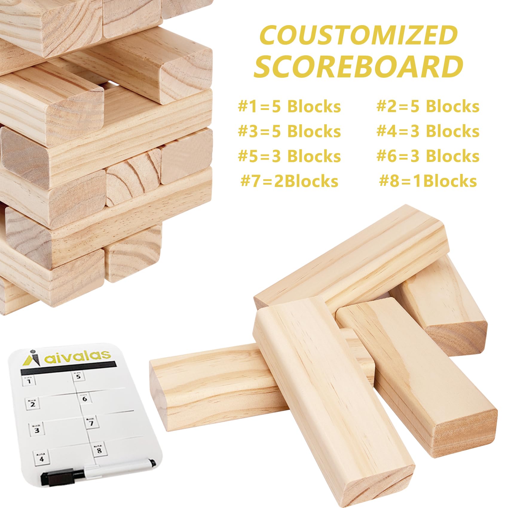 Giant Timber Blocks Games, 56 Blocks Large Tower Outdoor Games - Includes Carry Bag and Scoreboard, Wood Stacking Yard Games Grows from 2FT to Over 4.2FT for Kids Adults Family