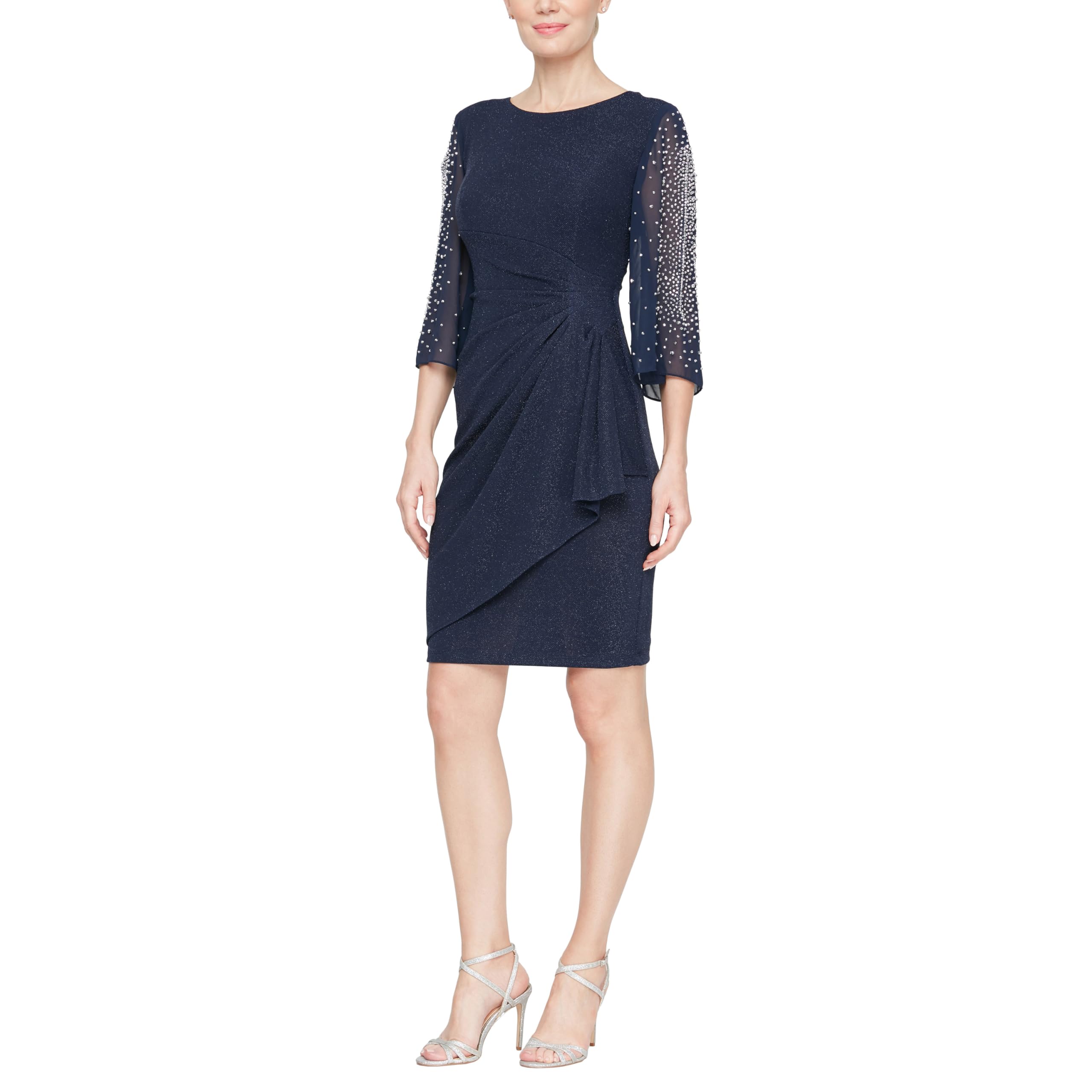 Alex Evenings Women’s Short Sheath Cocktail Dress w/Embellished Sleeves & Cascade Ruffle Regular Sizes, Dark Navy Metallic, 4 Petite