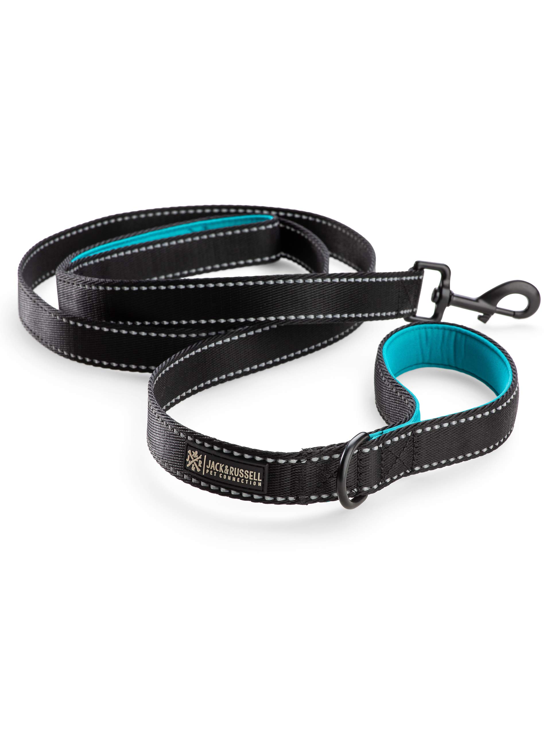 Jack & Russell Premium dog leash Rocky - Dog sports leash made pull leash with bolt carabiner - Dog leash with soft-grip hand strap incl. jute bag (Black/Blue)