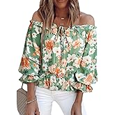 BLENCOT Summer Sexy Off Shoulder Tops for Women Boho Ruffle Sleeve Floral Chiffon Shirts Blouses