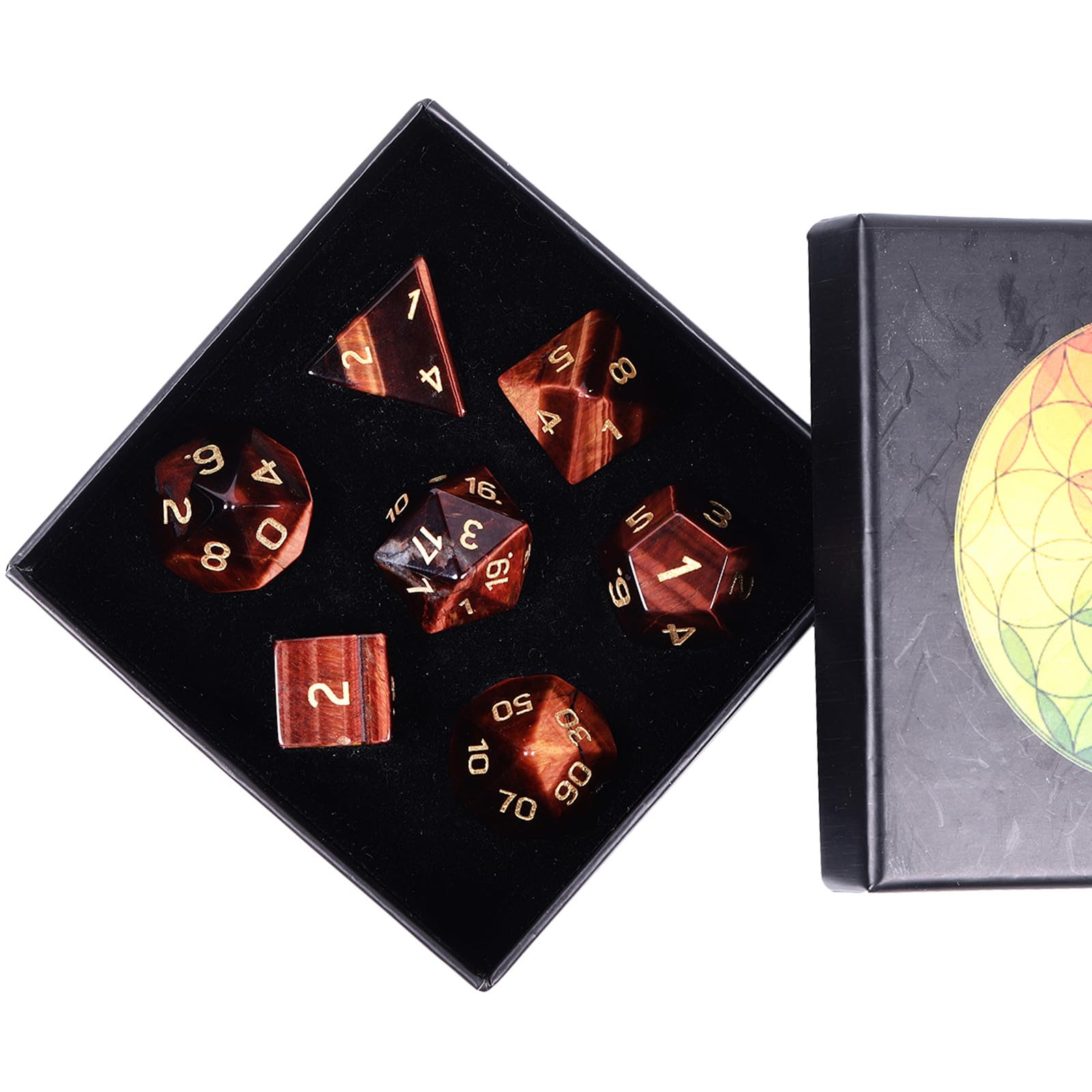 Nupuyai 7pcs Red Tiger's Eye Crystal Polyhedral DND Dice Set for RPG MTG Table Games, Polished Tumbled Stones Dices with Box for Home Decor