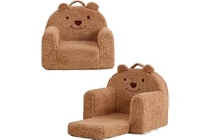 Kisdsa Toddler Chair,Sherpa Bear Toddler Couch Fold Out,Children Reading Chair,Flip Out Kids Couch,Kids Sofa Convertible for Age 1-3(Brown Bear)