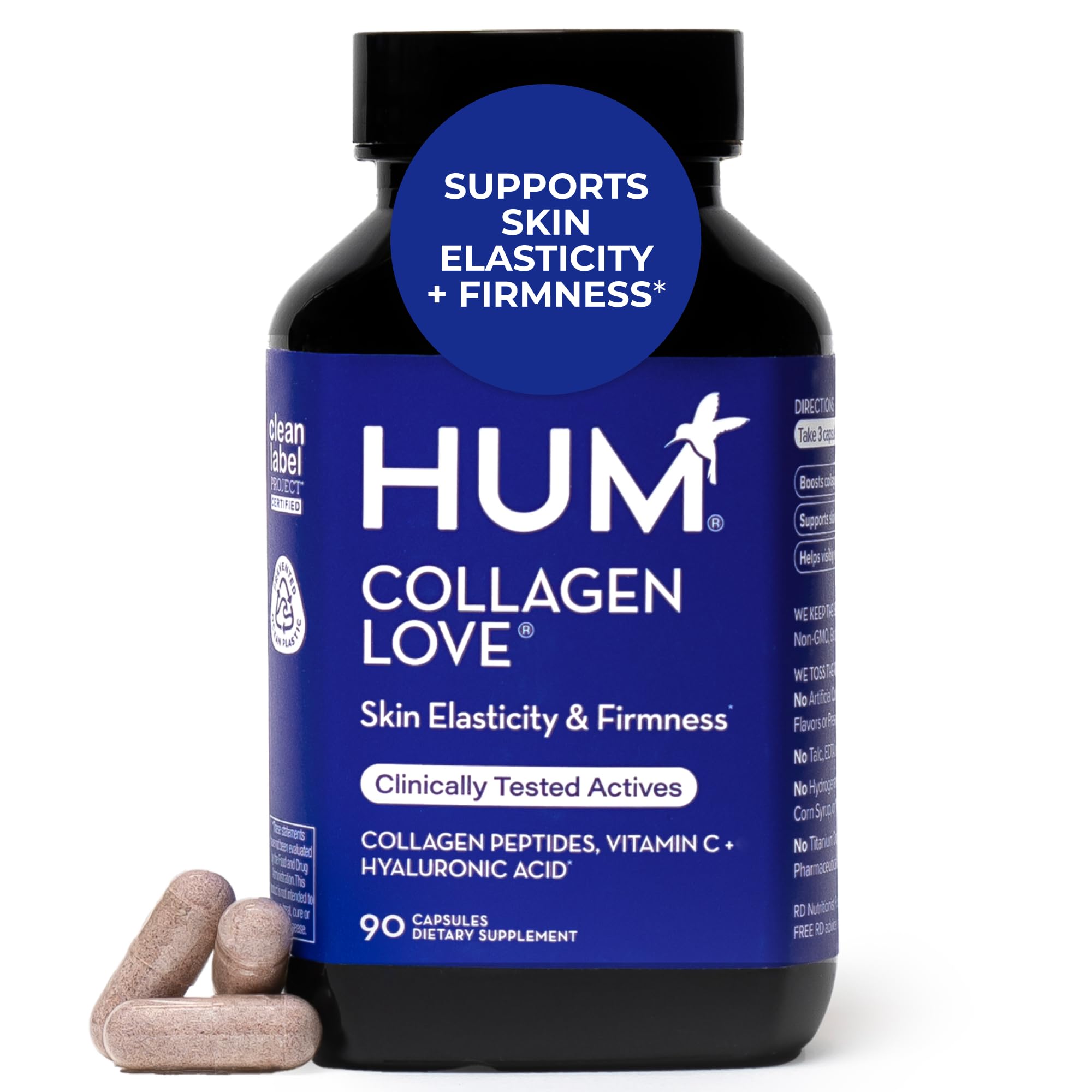 HUM Collagen Love Skin Supplement, Collagen Peptides Capsules with Hyaluronic Acid & Vitamin C, Supports Firm Skin & Helps Minimize Signs of Aging, Supplements for Women and Men, 90 Capsules