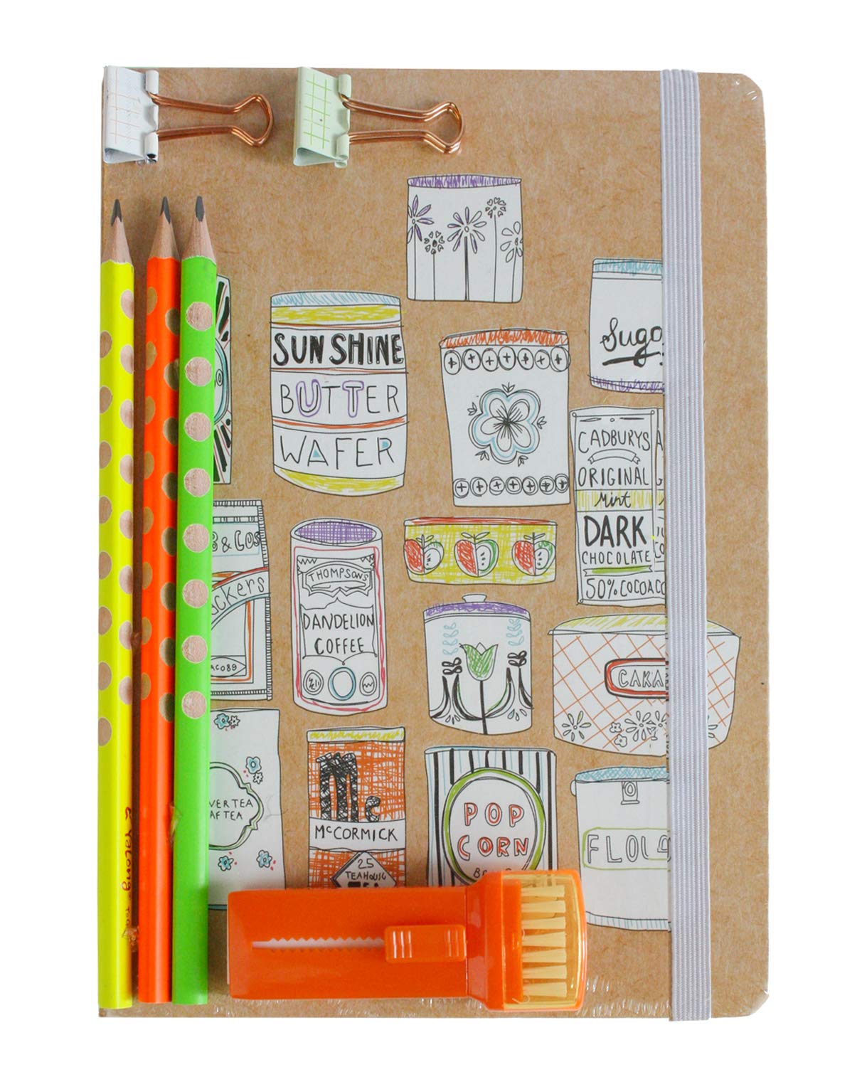 Emartbuy Creative Stationery Gift Set for Kids & Adults A5 Cans Design Notebook with Funky Dot Pencils Retractable Eraser Binder Clips School & Office Supplies Gift Box