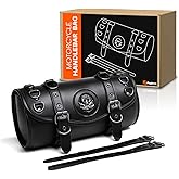 Rogierra 7.9L Motorcycle Tool Bag,Universal PU Leather Motorcycle Fork Bag Waterproof Handlebar Bag, 2 Mounting Straps, Metal Skull Bag