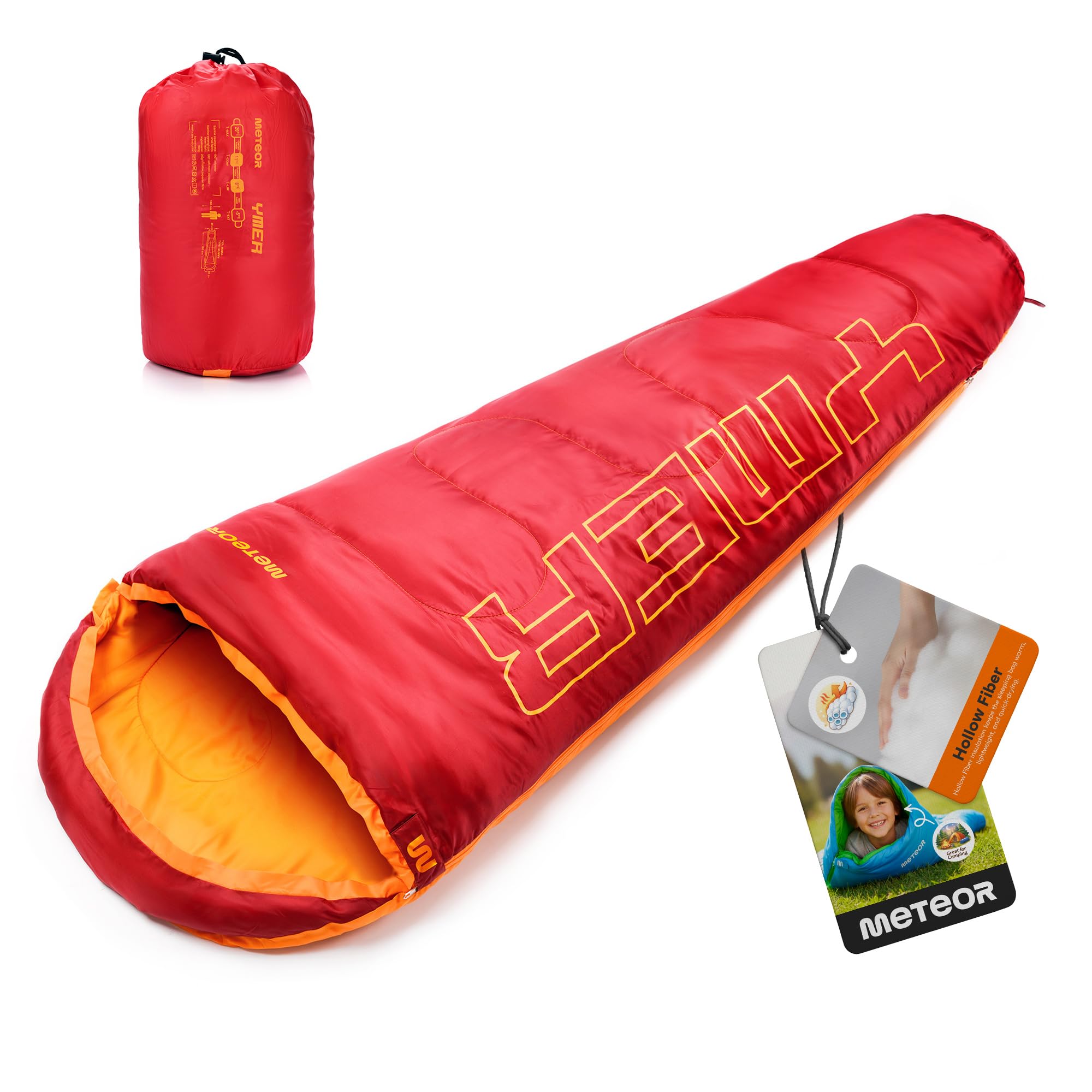 Meteor Sleeping bag - lightweight insulated design with hollow fibre filling - comfortable and compact for camping trips and outdoor adventures - for Kids 155 cm Tall - Red/Orange