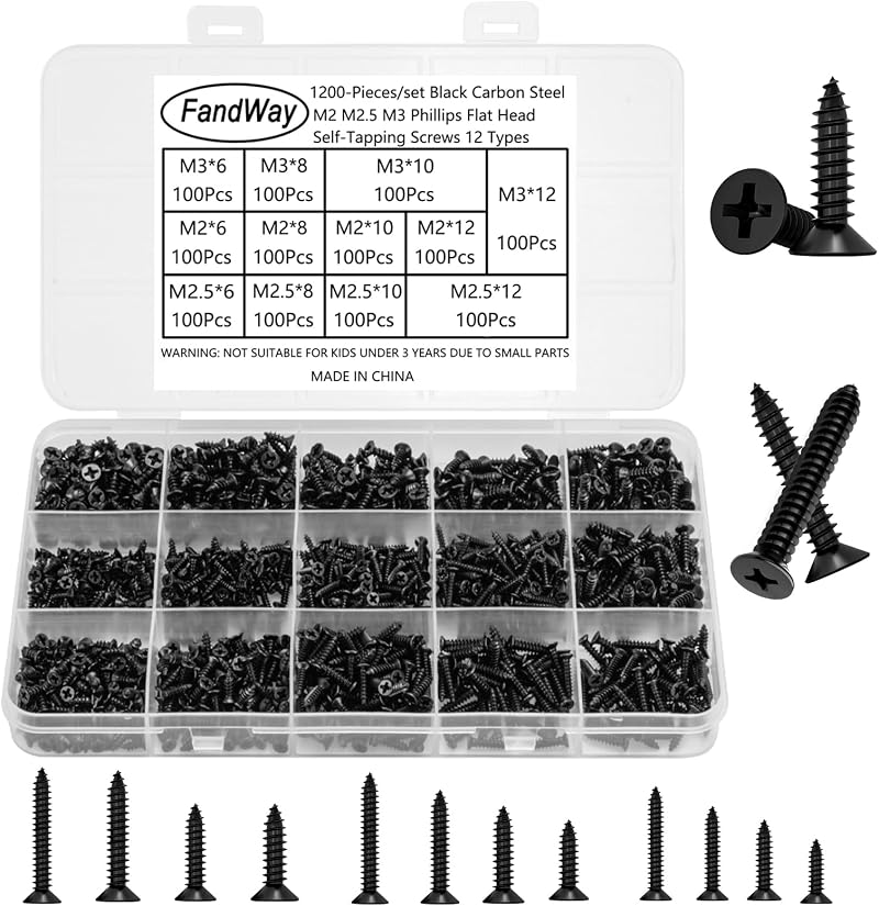 FandWay 1200Pcs Self Tapping Screws Set Carbon Steel Black Flat Head M2 M3 Kit