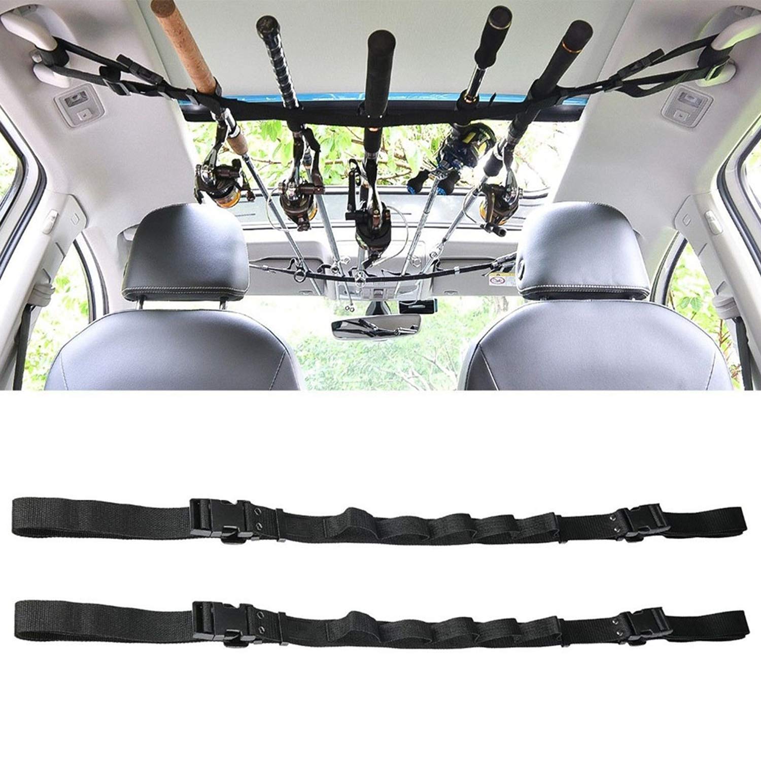 Photo 1 of KUDES 2 Pack Vehicle Fishing Rod Holder for Car 5 Rod Capacity Adjustable 86.6 Inches Length Easy Install Fishing Car Rod Carrier Belt Strap for SUV Wagons Van