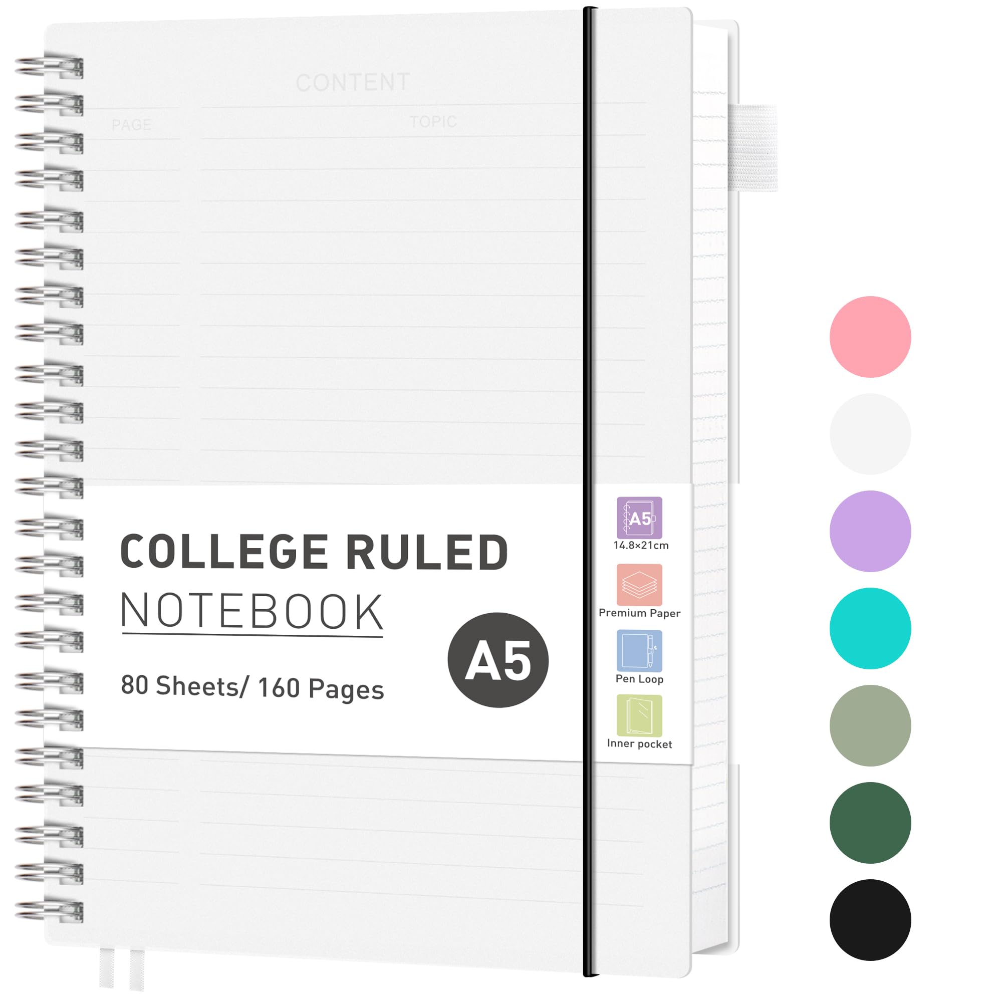 RETTACY A5 Notebook, Journals for Women Lined,Wirebound Spiral Notebook 160 Pages for Writing,100gsm College-Ruled Paper, PVC Pocket,Pen Loop, Ruler, Bookmark,14.5 x 20.7cm- Transparent