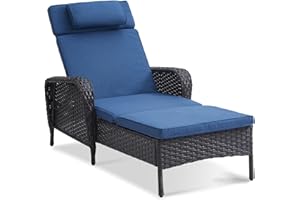 Belord Outdoor Chaise Lounge Patio Recliner - 75 Inch Adjustable Wicker Chaise Lounge with Soft Pillow Removable Cushions, All Weather Rattan Pool Lounge Chair for Poolside Deck Brown/Blue